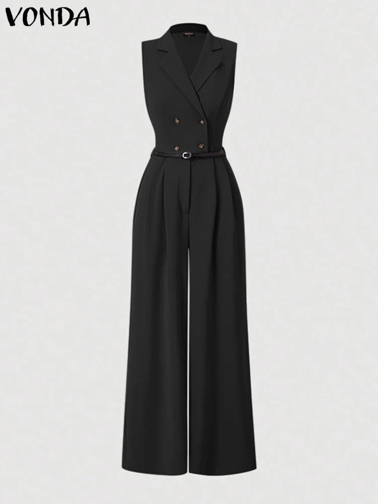 Elegant Wide-Leg Romper – VONDA 2025 Oversized Sleeveless Jumpsuit with Lapel Collar