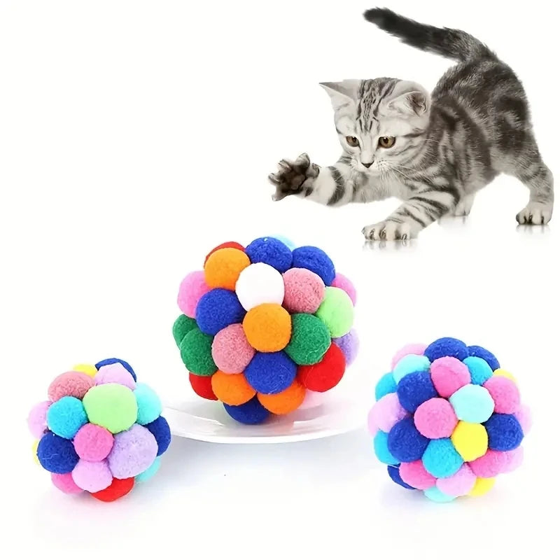 1/3PCS Cat Plush Ball Toys – Elastic Bell Balls for Interactive Cat Play