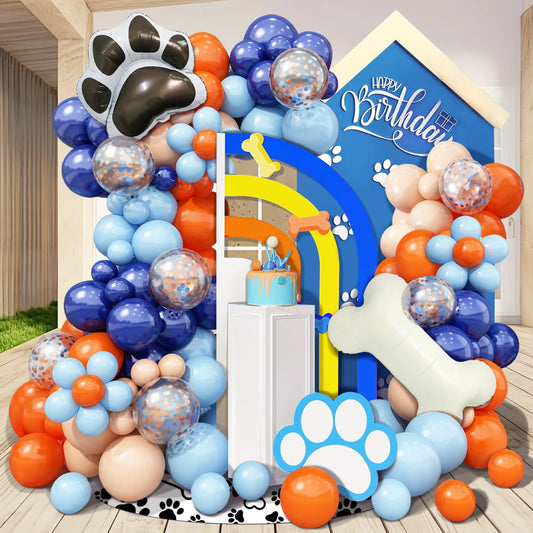 104pcs pet birthday theme balloon arch set, blue nude orange balloons with black dog PAWS and dog bone foil balloons, suitable f