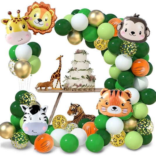 🦁 Jungle Safari Animal Balloon Garland Kit – Green Arch &amp; Foil Balloons