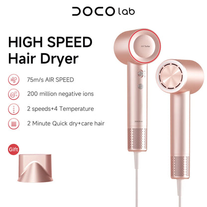 DOCO High Speed Hair Dryer – 75m/s Airflow | 200 Million Negative Ions | 110,000 RPM Motor