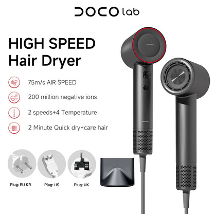 DOCO High Speed Hair Dryer – 75m/s Airflow | 200 Million Negative Ions | 110,000 RPM Motor