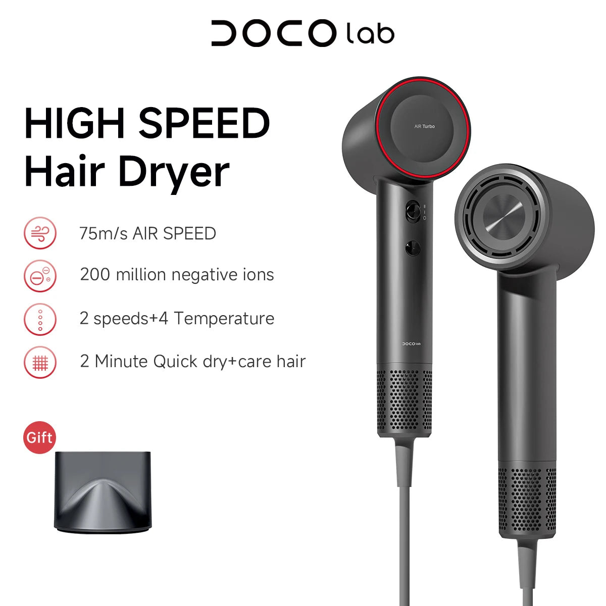 DOCO High Speed Hair Dryer – 75m/s Airflow | 200 Million Negative Ions | 110,000 RPM Motor