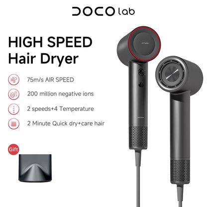 DOCO High Speed Hair Dryer – 75m/s Airflow | 200 Million Negative Ions | 110,000 RPM Motor