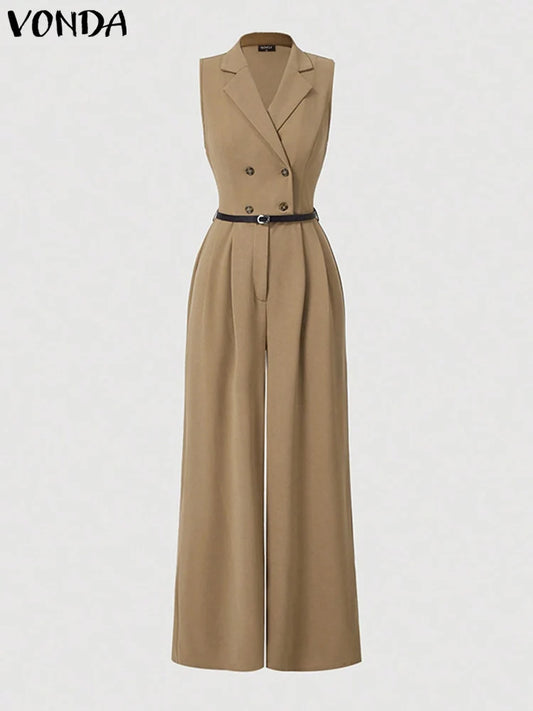 Elegant Wide-Leg Romper – VONDA 2025 Oversized Sleeveless Jumpsuit with Lapel Collar